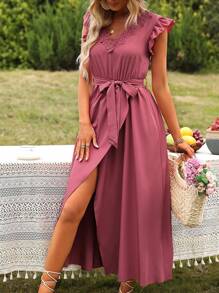 Breezaya Vestido con cinturón con encaje en contraste ribete con fruncido - Rosa - Ver 6