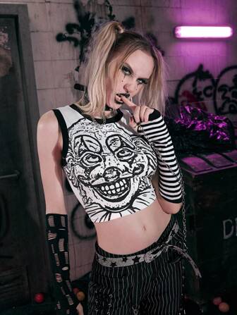 Noosie Grunge Punk Tank Top mit Clown Muster, Kontrastsaum,