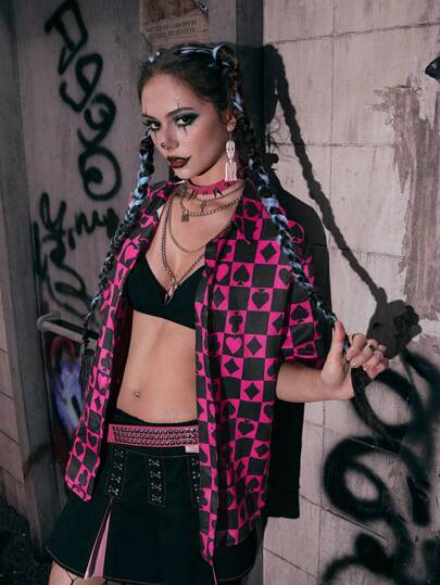 Grunge Punk Camisa con estampado con botón delantero