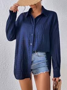 Chiquease Drop Shoulder Button Front Shirt - Navy Blue - View 4