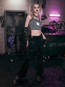 ROMWE Grunge Punk Áo khoác và áo lót dành cho xe tăng nữ Tương phản ren Thêu Hình học Sọc Giải trí - Xám - Xem 3