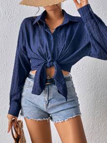 Chiquease Drop Shoulder Button Front Shirt - Navy Blue - View 5