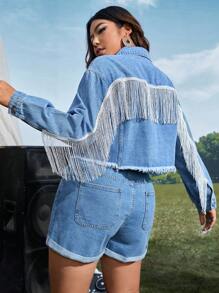 SHEIN EZwear Plus Fringe Trim Raw Cut Crop Denim Jacket - Medium Wash - View 2