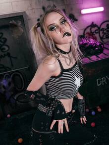 ROMWE Grunge Punk Áo khoác và áo lót dành cho xe tăng nữ Tương phản ren Thêu Hình học Sọc Giải trí - Xám - Xem 4