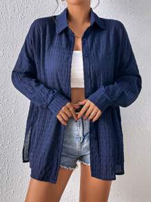 Chiquease Drop Shoulder Button Front Shirt - Navy Blue - View 6