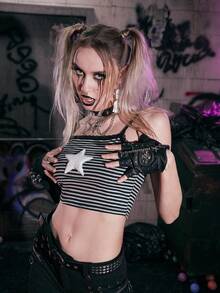 ROMWE Grunge Punk Áo khoác và áo lót dành cho xe tăng nữ Tương phản ren Thêu Hình học Sọc Giải trí - Xám - Xem 6