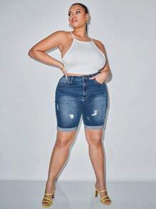 SHEIN Essnce 大碼高腰破洞卷邊牛仔短褲 - 中等水洗藍 - 查看 4