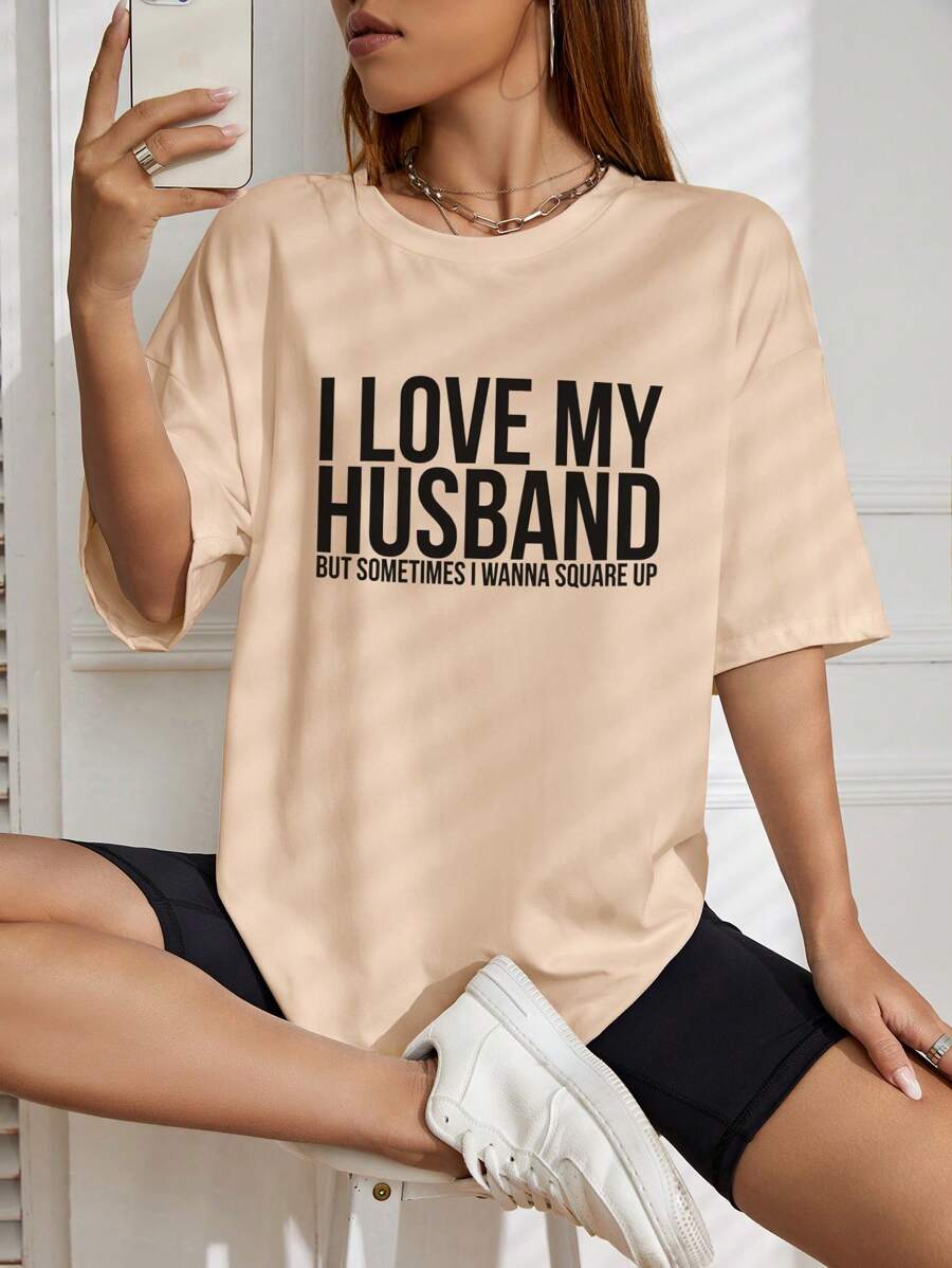 SHEIN EZwear 標語圖案落肩T恤 - 杏色 - 查看 1