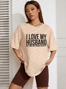 SHEIN EZwear 標語圖案落肩T恤 - 杏色 - 查看 3