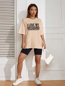 SHEIN EZwear 標語圖案落肩T恤 - 杏色 - 查看 4