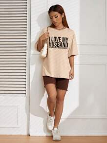 SHEIN EZwear 標語圖案落肩T恤 - 杏色 - 查看 5