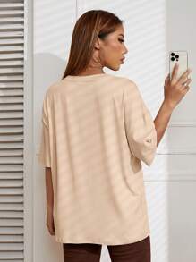 SHEIN EZwear 標語圖案落肩T恤 - 杏色 - 查看 6