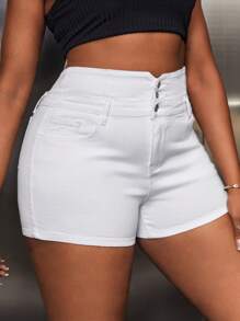 SHEIN SXY 大碼紐扣門襟牛仔短褲 - 白色 - 查看 3