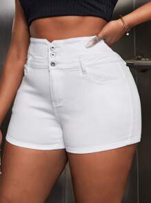 SHEIN SXY 大碼紐扣門襟牛仔短褲 - 白色 - 查看 4