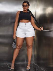 SHEIN SXY 大碼紐扣門襟牛仔短褲 - 白色 - 查看 5