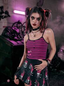 ROMWE Grunge Punk Skull Striped Cami Top - Hot Pink - View 3