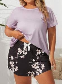 Conjunto de pijama con estampado floral con lazo delantero - Multicolor - Ver 1