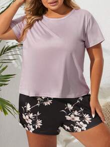 Conjunto de pijama con estampado floral con lazo delantero - Multicolor - Ver 3