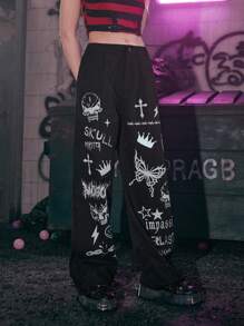 ROMWE Grunge Punk Butterfly & Letter Graphic Pants - Black - View 1