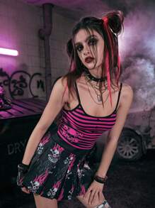 ROMWE Grunge Punk Skull Striped Cami Top - Hot Pink - View 5