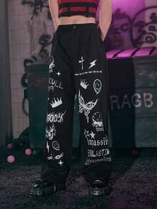 ROMWE Grunge Punk Butterfly & Letter Graphic Pants - Black - View 3