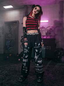 ROMWE Grunge Punk Butterfly & Letter Graphic Pants - Black - View 4
