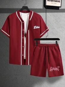 Aesthetic Post 男士寬鬆字母圖形襯衫和束腰短褲套裝（不含t恤） - 酒紅色 - 查看 1