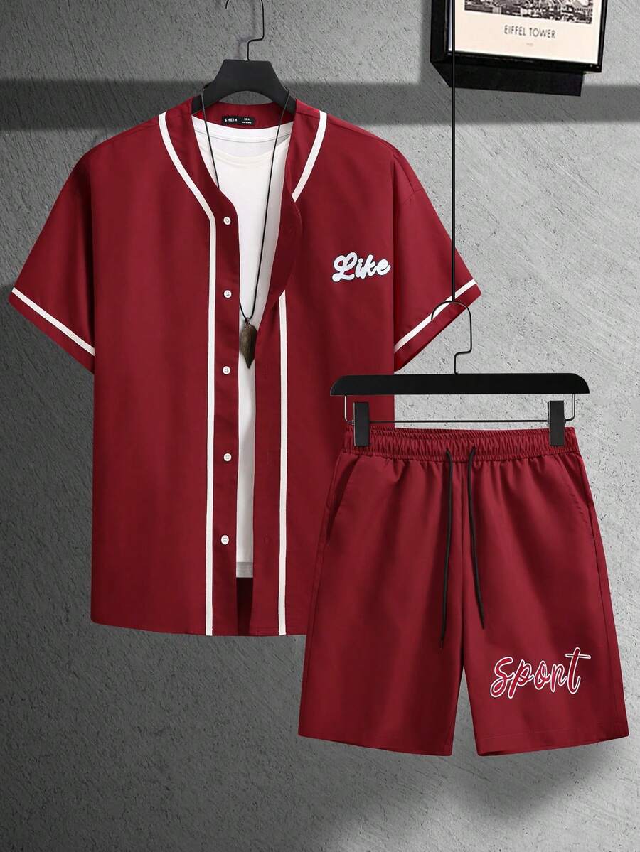 Aesthetic Post 男士寬鬆字母圖形襯衫和束腰短褲套裝（不含t恤） - 酒紅色 - 查看 1