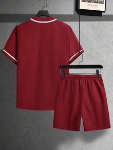 Aesthetic Post 男士寬鬆字母圖形襯衫和束腰短褲套裝（不含t恤） - 酒紅色 - 查看 2