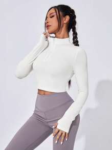 SHEIN Sports Casual Minimalist Solid Color Slim-Fit Cropped Sweatshirt - White - View 4
