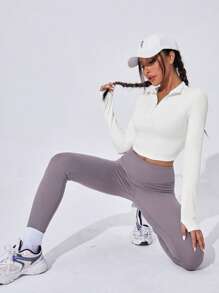 SHEIN Sports Casual Minimalist Solid Color Slim-Fit Cropped Sweatshirt - White - View 5
