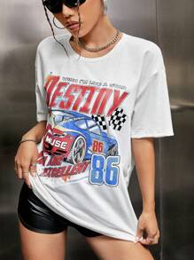 SHEIN ICON Bikercore Áo thun Thả vai Đồ họa ô tô và chữ cái - trắng - Xem 4