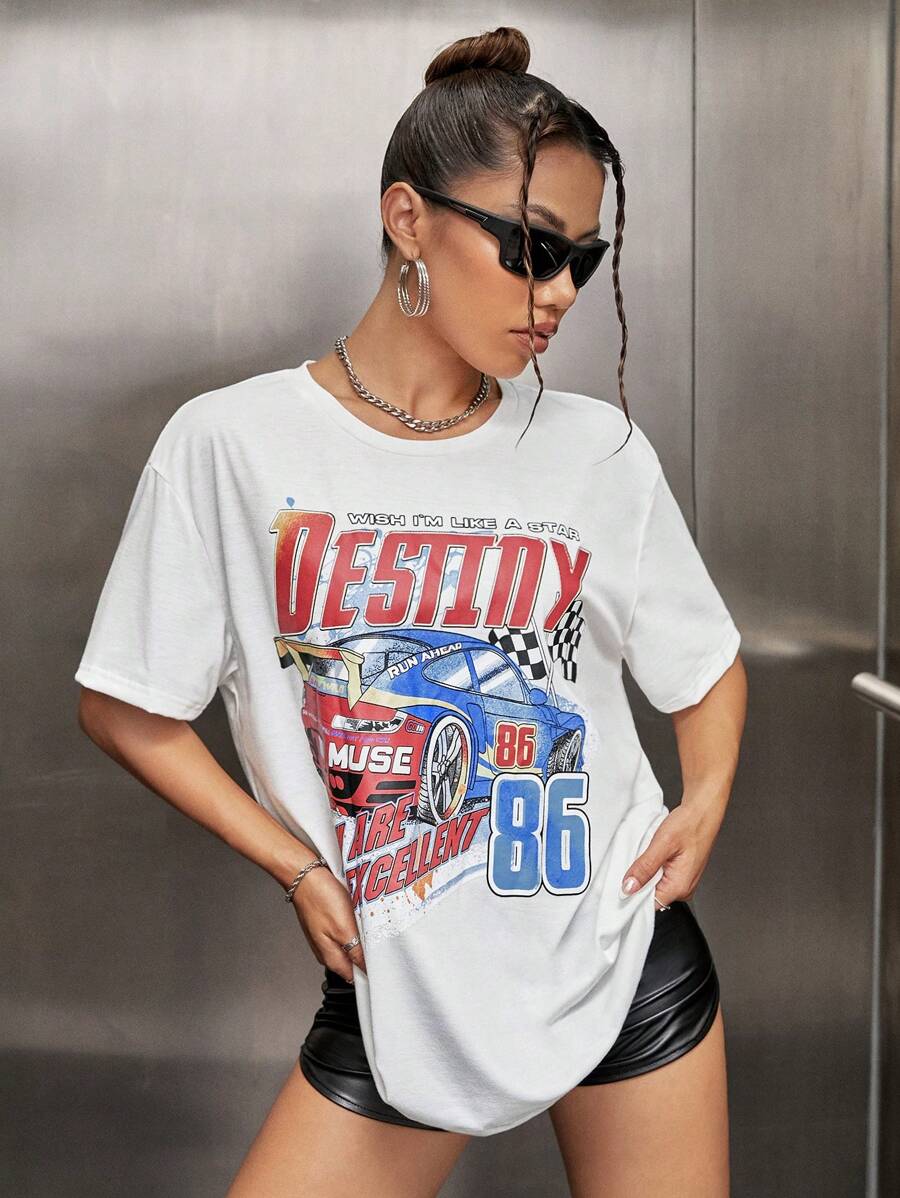 SHEIN ICON Bikercore Áo thun Thả vai Đồ họa ô tô và chữ cái - trắng - Xem 1