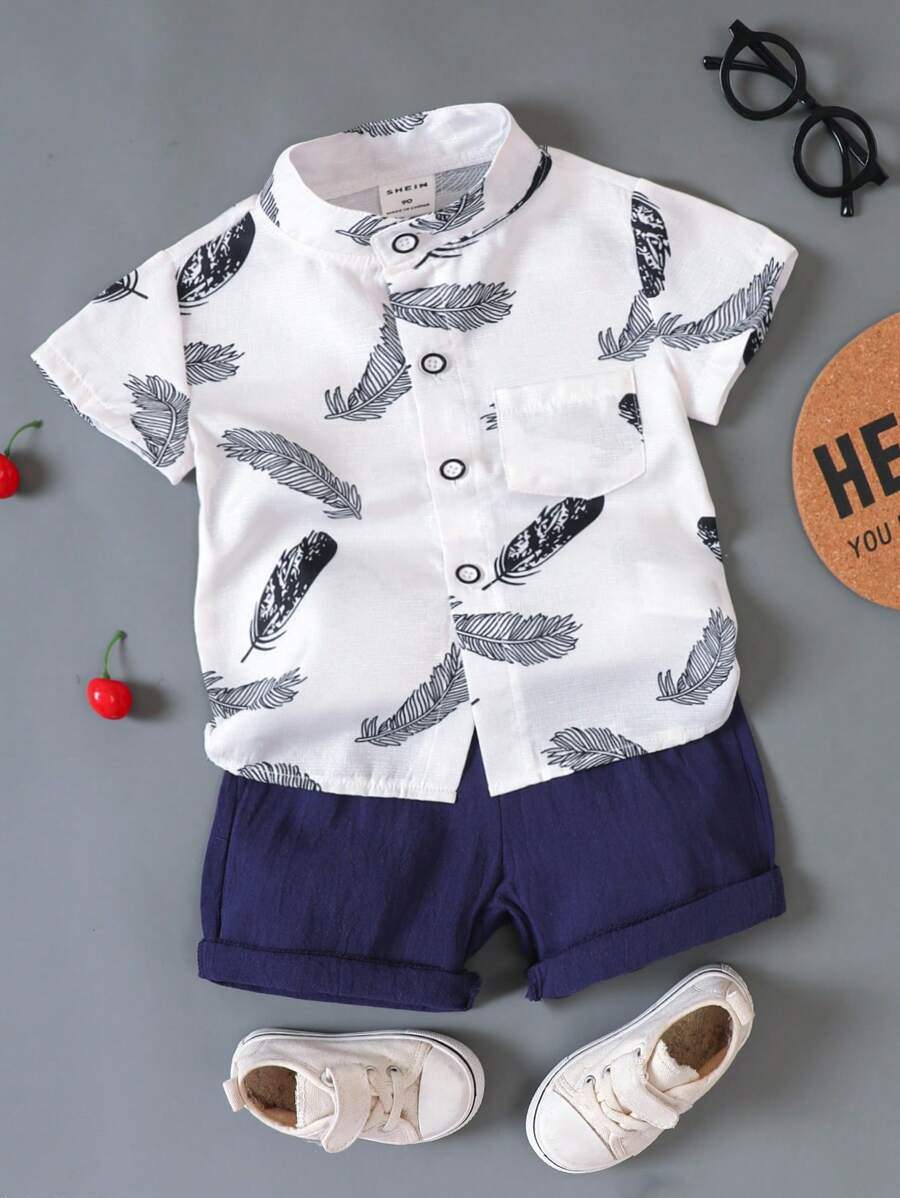 SHEIN 小男童羽毛印花補丁貼襯衫和短褲