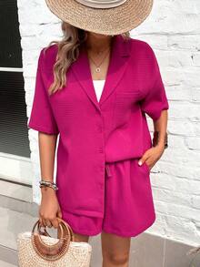 SHEIN LUNE 西裝領落肩袖襯衫和短褲無女用短袖襯衣