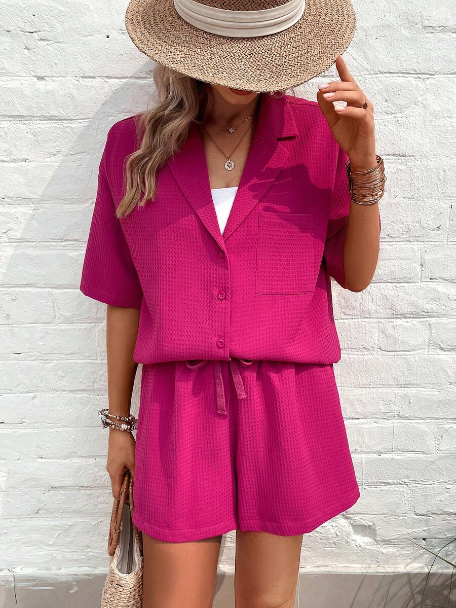 SHEIN LUNE 西裝領落肩袖襯衫和短褲無女用短袖襯衣