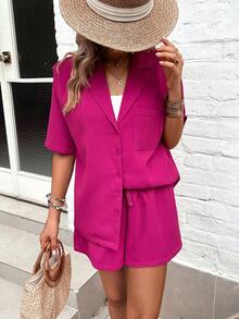 SHEIN LUNE 西裝領落肩袖襯衫和短褲無女用短袖襯衣