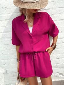 SHEIN LUNE 西裝領落肩袖襯衫和短褲無女用短袖襯衣