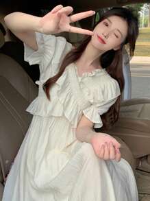 Vestido unicolor ribete con fruncido - Beis - Ver 1