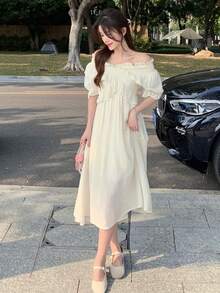 Vestido unicolor ribete con fruncido - Beis - Ver 5