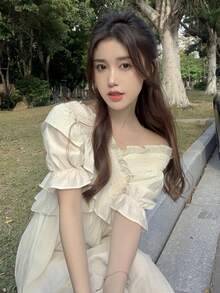 Vestido unicolor ribete con fruncido - Beis - Ver 6