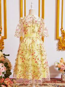 SHEIN 女孩花卉刺繡網紗覆蓋繫腰帶洋裝 - 彩色 - 查看 2