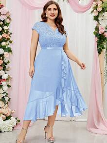 MIUSOL Plus Floral Lace Bodice Chiffon Ruffle Trim Evening Party Long Dress - Baby Blue - View 3