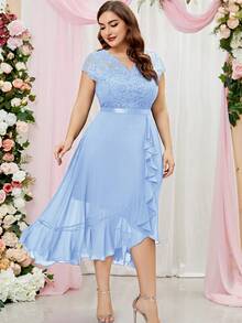 MIUSOL Plus Floral Lace Bodice Chiffon Ruffle Trim Evening Party Long Dress - Baby Blue - View 1