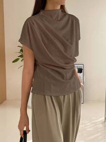 DAZY Camiseta Con Mangas Estilo Murciélago Fruncidas - Café integral - Ver 3