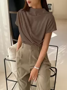 DAZY Camiseta Con Mangas Estilo Murciélago Fruncidas - Café integral - Ver 5