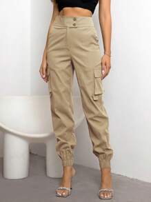 Joyfunear Flap Pocket Side Cargo Trousers - Khaki - View 1