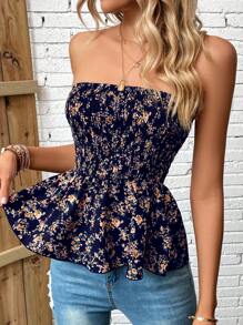 SHEIN VCAY Áo nữ Viên lá sen Dải chun Hoa Tất cả trên in Boho - Màu xanh hải quân - Xem 1