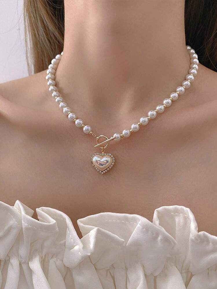Faux Pearl Decor Heart Charm OT Buckle Necklace Valentines,Mom,Mother,Mother's Day,Gift