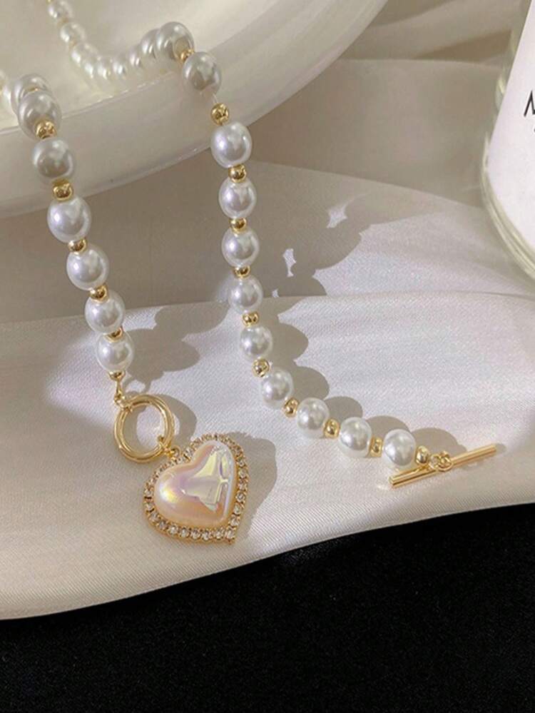 Faux Pearl Decor Heart Charm OT Buckle Necklace Valentines,Mom,Mother,Mother's Day,Gift